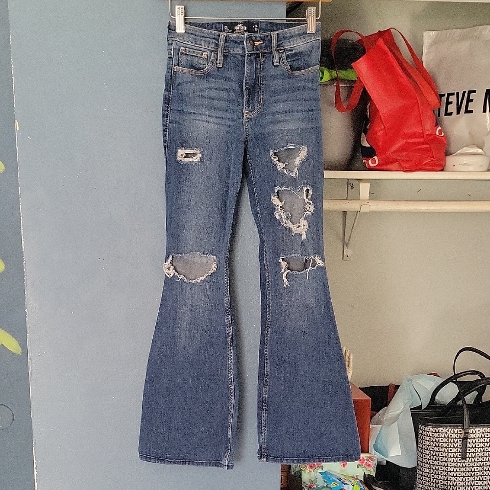 Hollister Blue Flare Leg Jeans with Distressed Details